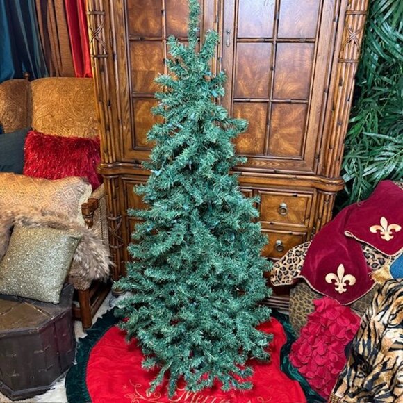 5ft Wood Trail Pine Christmas Tree + Gold Script Merry Christmas Red Green Skirt - Picture 3 of 14